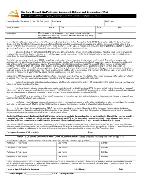 Sky Zone Waiver Form. Sky Zone Waiver Form. Sky Zone Grand Rapids Participant Agreement, Release and Assumption of Risk. File Type: pdf . Size: 531.1 KB . Pages: 1 Page(s) Sky Zone Oakdale, MN Participant …. 