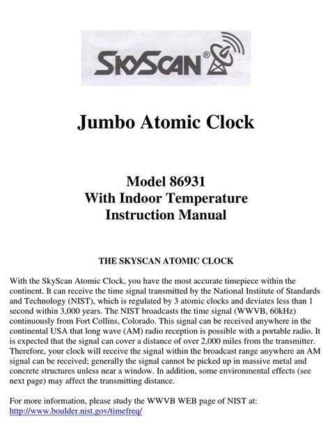 SkyScan Jumbo Atomic Clock 86931 Instruction Manual