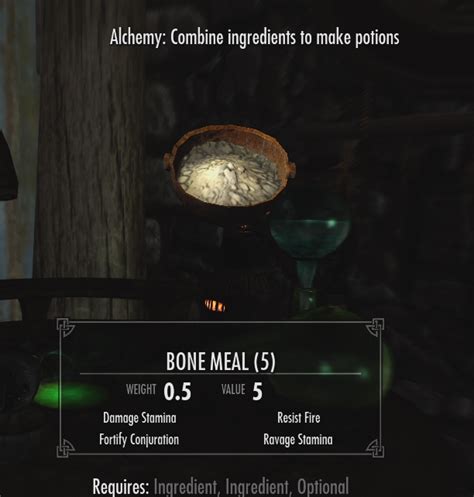 Skyrim bone meal id. Ideal ingredient matchers: These are ingredients which have two or more effects in common with Bone Meal: Ancestor Moth Wing ( Damage Stamina, Fortify Conjuration ) Ash Creep Cluster ( Damage Stamina, Resist Fire ) Blue Butterfly Wing ( Damage Stamina, Fortify Conjuration ) Chaurus Hunter Antennae ( Damage Stamina, Fortify Conjuration ) 