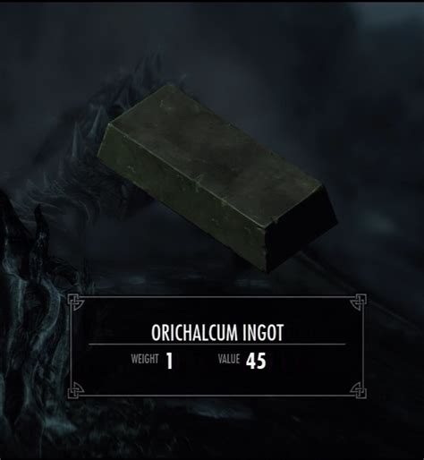 Skyrim orichalcum ingot id. A pile of coins. Activating one gives you 80-120 gold. These are only found in three locations: Gyldenhul Barrow, Fahlbtharz and Shadowfoot Sanctum. CC. Golden Touch (30 points/Silver) — Have 100,000 gold. "The empire is law. The law is sacred". "Praise be Akatosh. and all the divines ". 