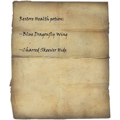 Skyrim restore health potion recipe. Recipes. All recipes must include two reagents and one solvent. The more advanced potions will include three reagents and one solvent. Name of potion. Reagent 1. Reagent 2. Reagent 3 (At Alchemy level 15, Laboratory Use Skill) Positive Effect (s) Negative Effect (s) 