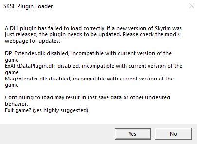 Skyrim skse dll plugin failed to load. A DLL plugin has failed to load correctly. If a new version of Skyrim was just released, the plugin needs to be updated. Please check the mod's webpage for updates. 