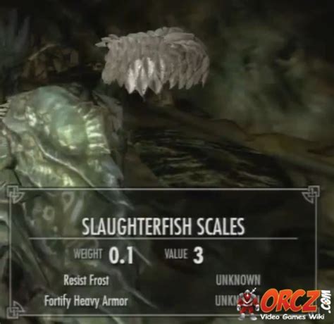 Skyrim slaughterfish scales id. To spawn this item in-game, open the console and type the following command: player.AddItem 0006BC00 1. To place this item in-front of your character, use the following console command: player.PlaceAtMe 0006BC00. 