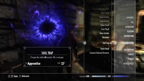 Skyrim soul trap. Fiery Soul Trap. If target dies within 5 seconds, fills a soul gem, burns the target for 10 points. Targets on fire take extra damage. Fiery Soul Trap is a weapon enchantment which, as the name suggests, adds both a Soul Trap and a Fire Damage effect. It can be obtained by disenchanting the Steel Battleaxe of Fiery Souls found in Ironbind Barrow . 