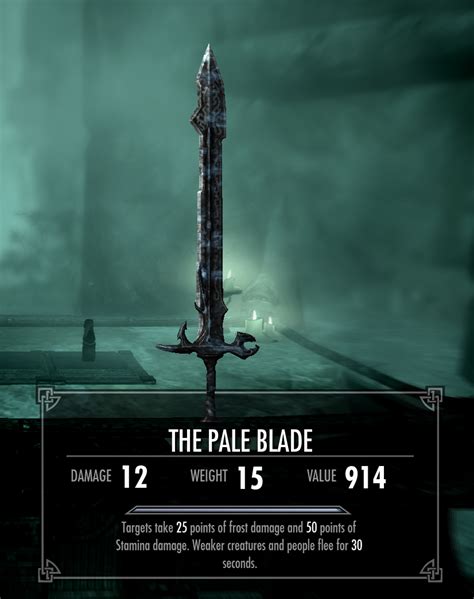Skyrim the pale blade. Jan 15, 2024 · If you keep the sword, you must kill The Pale Lady. The Pale Blade can be upgraded with a Steel Ingot and benefits from the Steel Smithing perk, which doubles its improvement. What happens when you activate the pale blade in Skyrim? When you activate the Pale Blade in Skyrim, your target will take 15 points of Frost damage and 30 points of ... 