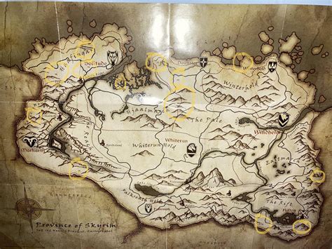5.20 Western Skyrim. 5.21 Wrothgar. Treasure Maps are consumable items that can be found throughout the game. They only appear as random drops, generally from killing boss monsters, or in valuable loot stashes. When you find one, a dirt pile will be added to a specific location, hinted at by the picture on the map.
