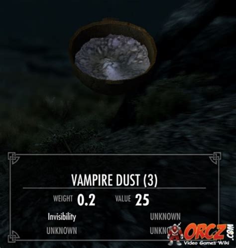 Vampire dust can be found by killing any vampire. Every vampire is guaranteed to leave a sample of dust when it dies. The fourth effect on this ingredient, vampirism, is merely …. 