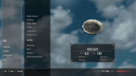Skyrim void salts id. Skyrim:Void Essence. Void Essence is an ingredient added by the Rare Curios Creation. It can be purchased from Khajiit caravans. They can occasionally be found in hollow stumps in the Solitude Sewers with the Saints & Seducers Creation installed. 