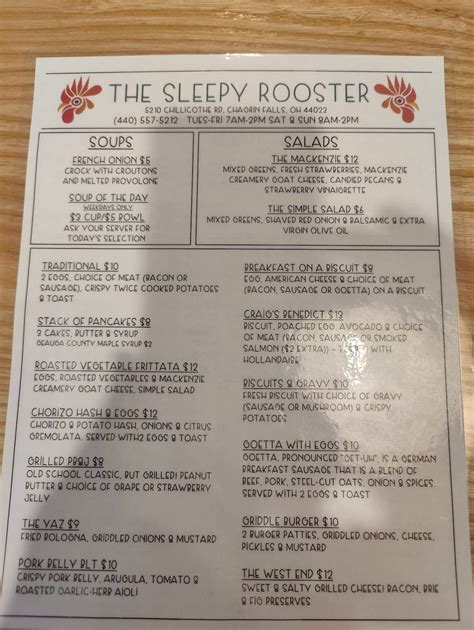 Sleepy rooster menu. Contact. 5210 Chillicothe Rd. Suite B. Chagrin Falls, OH, 44022. Phone: 440.557.5212. View Website. Craig and Sarah both grew up in the Bainbridge/Auburn area. Craig graduated from Le Cordon Bleu Institute of Culinary Arts in Pittsburgh, PA. And Sarah received a bachelor’s degree from The Ohio State University. 