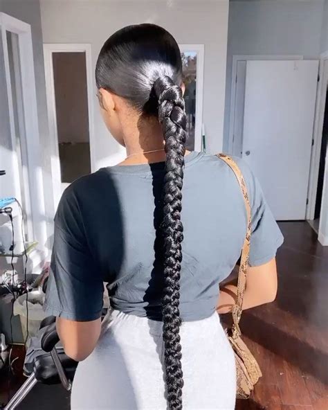 Slick back ponytail braids. You can work a braid ponytail into a sleek updo with this idea. Start with three sections, dutch braid the sides and French braid the front of your hair separately. Pull the braids along with the rest of your hair into a sleek pony once you get to the crown of your head. Instagram / @hair_by_pelerossi. 25. 