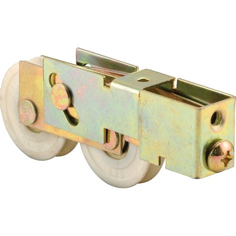 Sliding door rollers. The outside diameter of these rollers is 1-1/4 in. and they are used to replace damaged patio door roller assemblies in sliding glass doors. The housing is 1-1/32 in. tall, 11/16 in. wide and 3-1/8 in. long with a 1/4-20 threaded mounting hole on the back end, and an optional use hole on top. 
