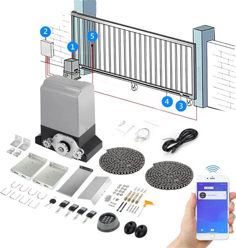 Sliding gate mechanism.  Remote-controlled gate opener with smartphone access.  Bf...