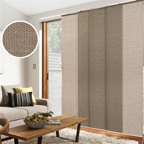 Sliding panel blinds. Panel track blinds are available in various colors and materials, from woven wood or bamboo to UV-resistant fabric. This ensures that you have sliding panel track blinds to match or complement your style and décor. And, as with vertical blinds, you can choose where the sliding panels stack when fully open; left, right, or center. 