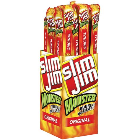 Monster Sticks. Twice the meat. Twice the size. Twice as many reasons for your hunger to run and hide. The biggest meat stick in the Slim Jim ® arsenal. For savage appetites only. Snap into a Slim Jim with meat sticks and meat snacks of all kinds. From Giant, Monster, and Savage sticks to meat and cheese combos. Join the #LongBoiGang.. 