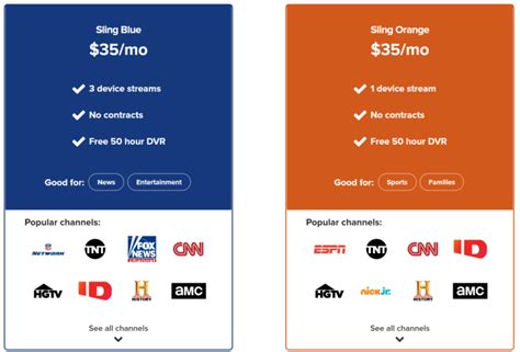 Sling blue vs sling orange. There is a lot of overlap between Sling’s Orange and Blue plans. In fact, around 80% of Orange’s channels are also available in Blue. That said, there are some key differences between the two plans. Sling Blue has an objectively better channel lineup. It has 41 channels to Orange’s 31, including FOX, NBC, Discovery Channel and FX. 