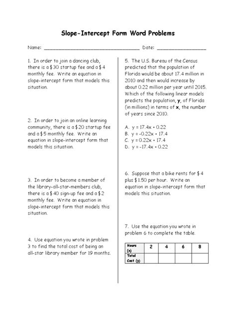 SlopeIntercept Form Word Problems wkst SlopeIntercept Form Word