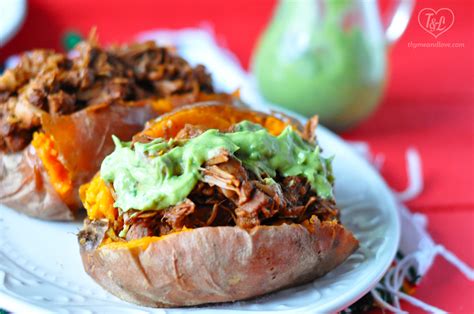 Slow Cooker BBQ Jackfruit Stuffed Sweet Potatoes - Thyme