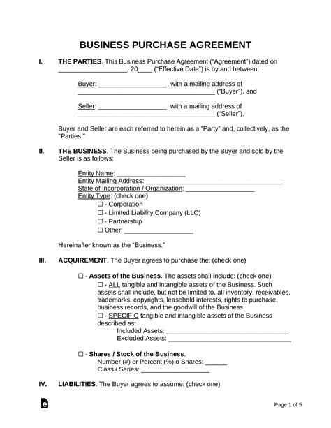 Small Business Business Purchase Agreement Template
