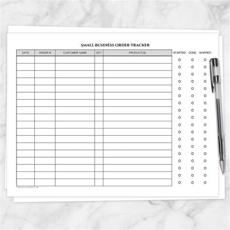 Small Business Order Tracking Page Order Status Column Printable