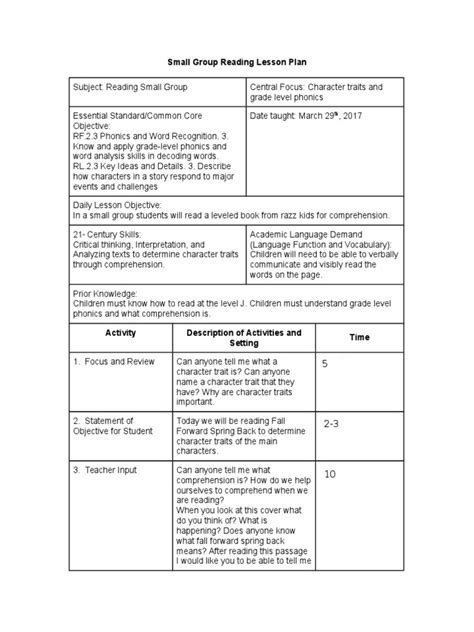 Small Group Reading Lesson Plan Read 2017 PDF Reading Comprehension