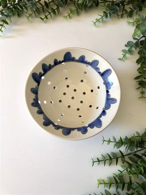 Small Pottery Colander Berry Bowl Strainer Blue And White