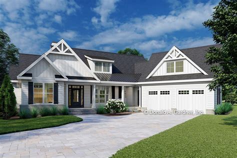 A broad gable sits above the three-columned front porch and two decorative gables - on on the master bedroom wing and the other above the angled 2-car garage - give this house plan great curb appeal. Inside, you are greeted with an open concept layout.The foyer has a vaulted ceiling and opens to the vaulted lodge room and dining room. French doors open to the study to your right.The kitchen .... 