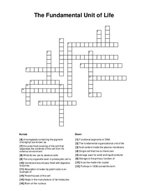 The Crossword Solver found 30 answers to "Basic unit of life", 4 letters crossword clue. The Crossword Solver finds answers to classic crosswords and cryptic crossword puzzles. Enter the length or pattern for better results. Click the answer to find similar crossword clues . Enter a Crossword Clue.. 