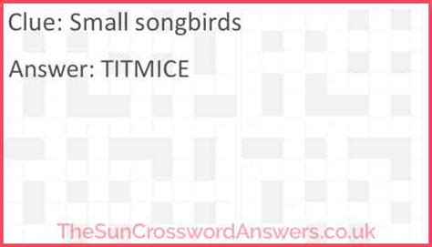 Small songbird crossword clue. The Crossword Solver found 30 answers to "Carolina ___ (small songbird)", 4 letters crossword clue. The Crossword Solver finds answers to classic crosswords and cryptic crossword puzzles. Enter the length or pattern for better results. Click the answer to find similar crossword clues . Enter a Crossword Clue. A clue is required. Sort by Length. 