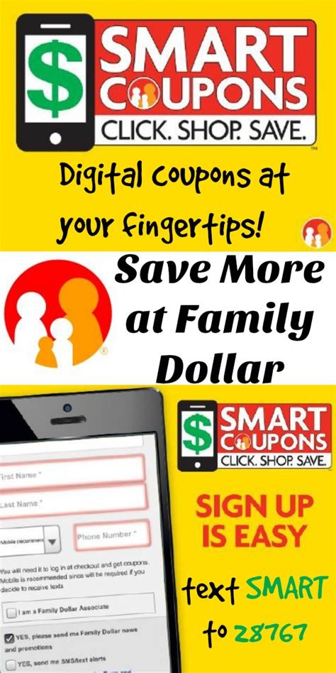Family Dollar. ·. September 8, 2016 ·. Family Dollar's Smart Coupons bring great savings to our shoppers. It's easy, sign up with your phone number, clip coupons online, and redeem at checkout! familydollar.com.. 