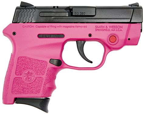 Smith and wesson bodyguard 380 pink. SMITH & WESSON BODYGUARD 380 380ACP PRISON PINK SATIN ALUMIN. Manufacturer: Smith & Wesson. SKU: 109073. Manufacturer part number: 109381PPSA. Caliber: .380 Auto - Capacity: 6+1 - Barrel Length: 2.75 / 6.9 cm - Overall Length: 5.3 - Front Sight: Stainless Steel Drift Adjustable - Rear Sight: Stainless Steel Drift Adjustable - Action: Double ... 