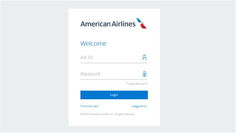User ID Password Forgot your password? Usage Terms Help © 2023 American Airlines, Inc. All Right Reserved.