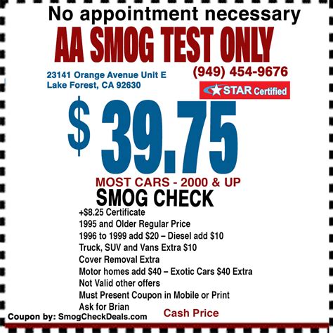 Smog test cost. Feb 21, 2018 · If your DMV renewal notice indicates you need a smog check, we can help. Our Costa Mesa and Los Angeles AAA branch locations perform California Bureau of Automotive Repair certified Test-Only smog checks. Contact our Member Services Center at 1-877-428-2277 for pricing and types of vehicles we can smog check. 