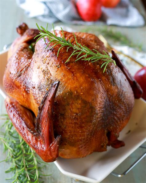 Smoked turkey recipe. Place a temperature probe in the thickest part of the turkey breast, about an inch away from the breastbone, and allow the turkey to roast until it reaches an internal temperature of 165°F. Note: rotate every 45 minutes to an hour to ensure even cooking and color. 