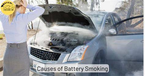 Smoking car battery.  Ignoring this warning can lead to a battery explosion, causing sev...