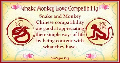 Snake and monkey compatibility. Snake is the sixth in the 12-year cycle of the Chinese zodiac sign. The years of the Snake include 1917, 1929, 1941, 1953, 1965, 1977, 1989, 2001, 2013, 2025, 2037... Snake carries the meanings of malevolence, cattiness, mystery, as well as acumen and divination. In most cases, this animal is considered evil and the elongated legless body ... 