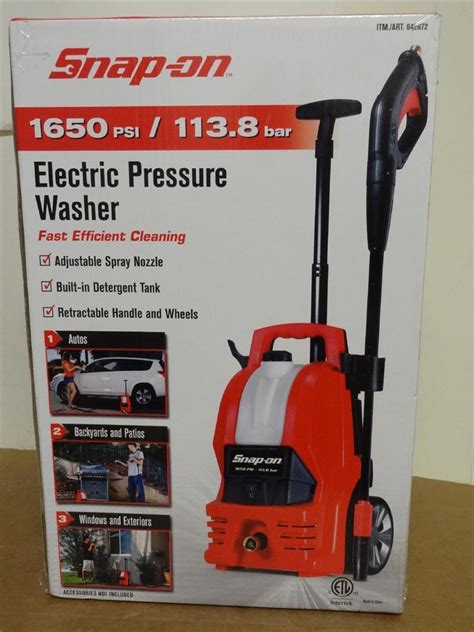 Snap-On Electric Pressure Washer 1650 PSI Model 870905 used. $140.00. Free shipping. snap on 3/4'' connector pressure Power jet washer Low/High Water Flow 4 colors ! ... Snap On 2000 Psi 137.9 Bar Pressure Washer On/off Swith Button Box. $36.50. Free shipping. snap-on 1/2 inch IPF 16 3/8 drive 6pt swivel socket. $25.00..