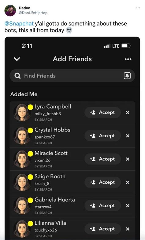 Snapchat spammer bot. The Snap Score Bot is a JavaScript function that simulates a bot generating random scores for Snapchat users. It takes in the minimum and maximum score values, as well as the number of users to generate scores for. The function returns an array of user objects, each containing a randomly generated score. The scores are generated within the ... 