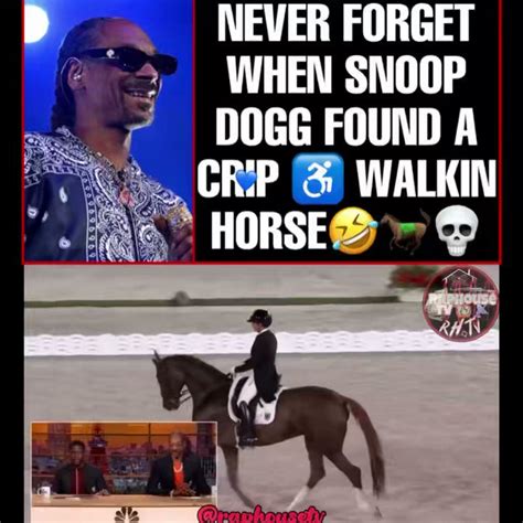 Snoop dogg horse crip walk. Peacock Kevin Hart and Snoop Dogg. The pair had an even better time guessing the next clip — a video from the dressage individual grand prix freestyle, an event where horses get to show off their best moves to music. "This is equestrian," Snoop said right away, before being blown away by the animal's dancing. "The horse crip walking, cuz. 