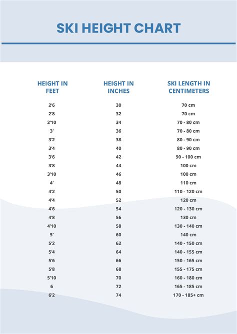 Snow Ski Size Chart in PDF Download