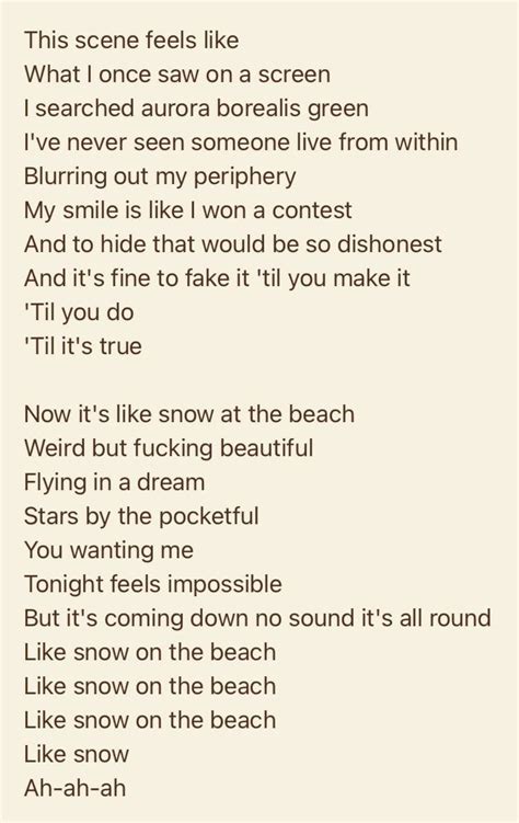 Snow on the beach lyrics. Taylor Swift dropped a new version of “Snow on the Beach” that features more Lana Del Rey, who sang less than 20 words on the original track. The collab is on the Til Dawn edition of Midnights ... 