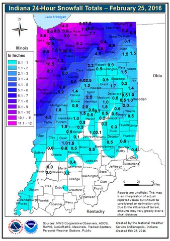 An upper level system brought snow to central Indiana on November 12. Snowfall amounts up to around 3 inches were recorded. Indianapolis set a new record snowfall for the date of November 12, with 2.7". Snow/Ice.