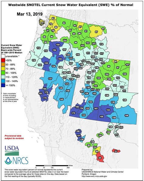 Snowpack map. snow water equivalent at selected SNOTEL sites in or near the basin compared to the median (or average) of the maximum seasonal values observed each water year for those sites. Contact your state water supply staff for assistance. Medians and averages are calculated for the period 1991-2020. Provisional data, subject to revision. 