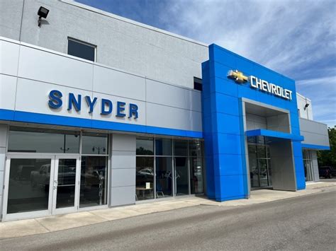 Snyder chevrolet. At Snyder Chevrolet, our highly qualified technicians are here to provide exceptional service in a timely manner. From oil changes to transmission replacements, we are dedicated to maintaining top tier customer service, for both new and pre-owned car buyers! Allow our staff to demonstrate our commitment to excellence. Schedule service at our ... 