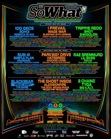 So what music festival. Mar 21, 2023 · The lineup has been announced for the 2023 edition of the annual ‘So What?! Music Festival ‘. This year’s event will take over Fair Park in Dallas, TX on June 24th-25th and run as follows. 