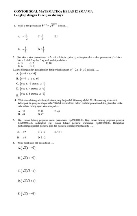 Soal Matematika Kelas 12 dan Pembahasannya (Lengkap)