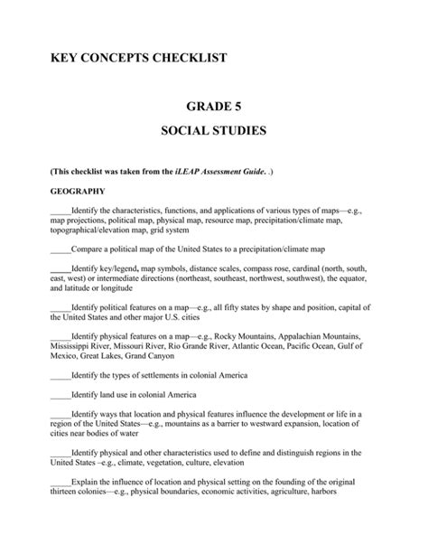 Social Studies Key Concepts Checklist