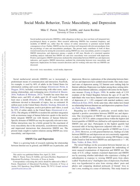 Social media behavior toxic masculinity and depression.  The present study ...