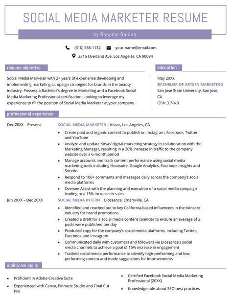 Social media marketing resume. Resume Builder · Ability to be able to interpret analytics from paid social media campaigns and convey results to the rest of the group · Strong organizational .... 