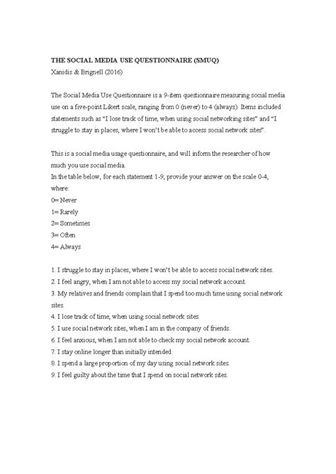 Social media usage scale questionnaire.  The Social Media Use Questionnaire (SMUQ) by...