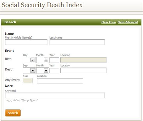 Social security death index search by name.  The index lists Social Sec...
